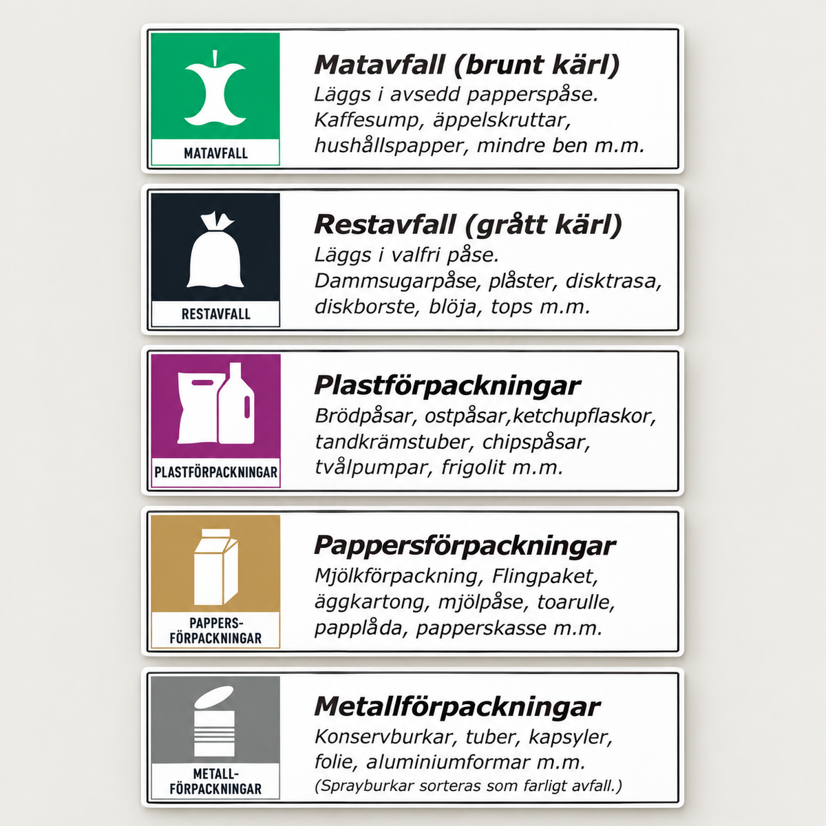 5 färgade sorteringsdekaler med förklarande text, 25 × 8 cm