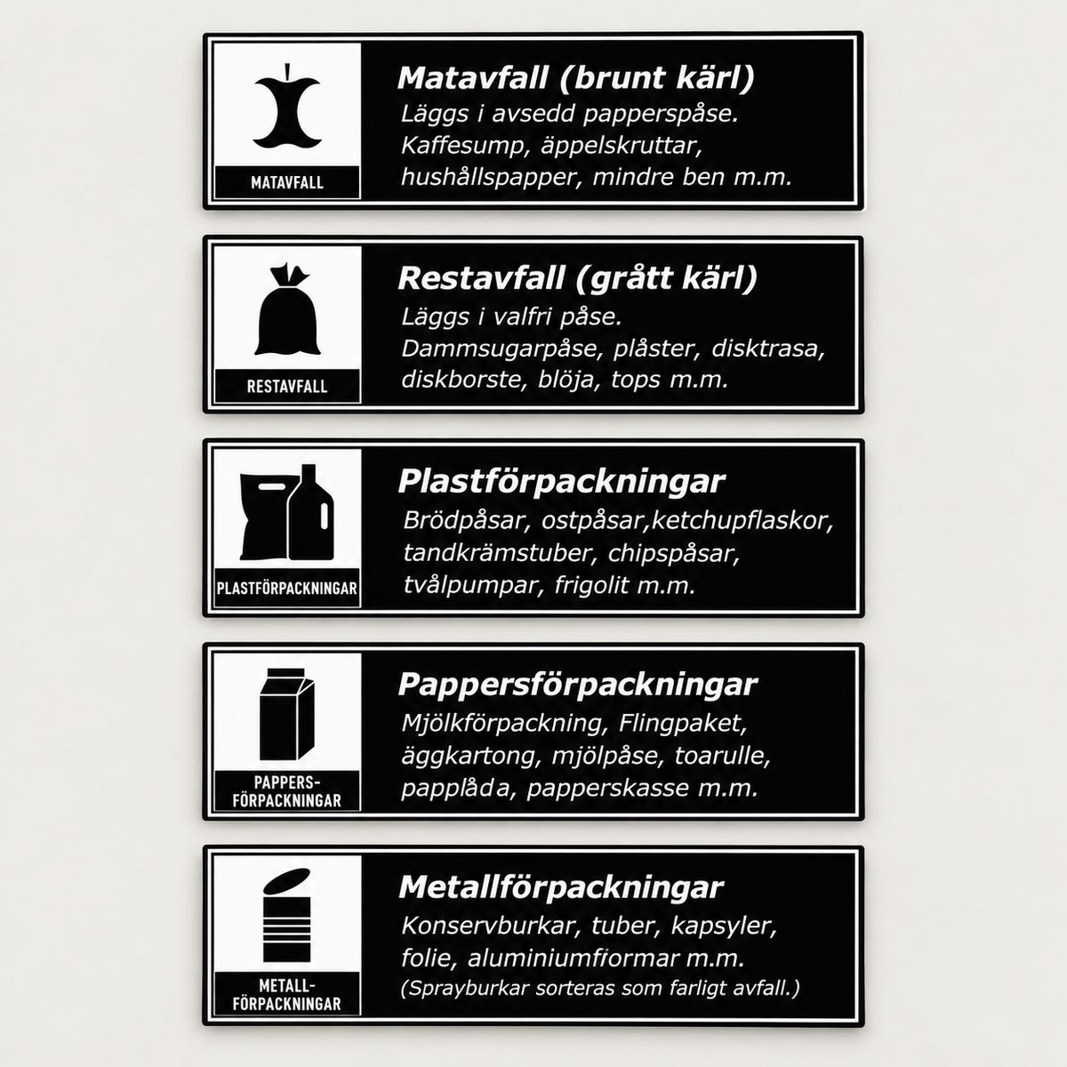 5 svarta sorteringsdekaler med förklarande text, 25 × 8 cm