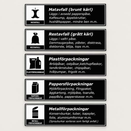 5 svarta sorteringsdekaler med förklarande text, 25 × 8 cm
